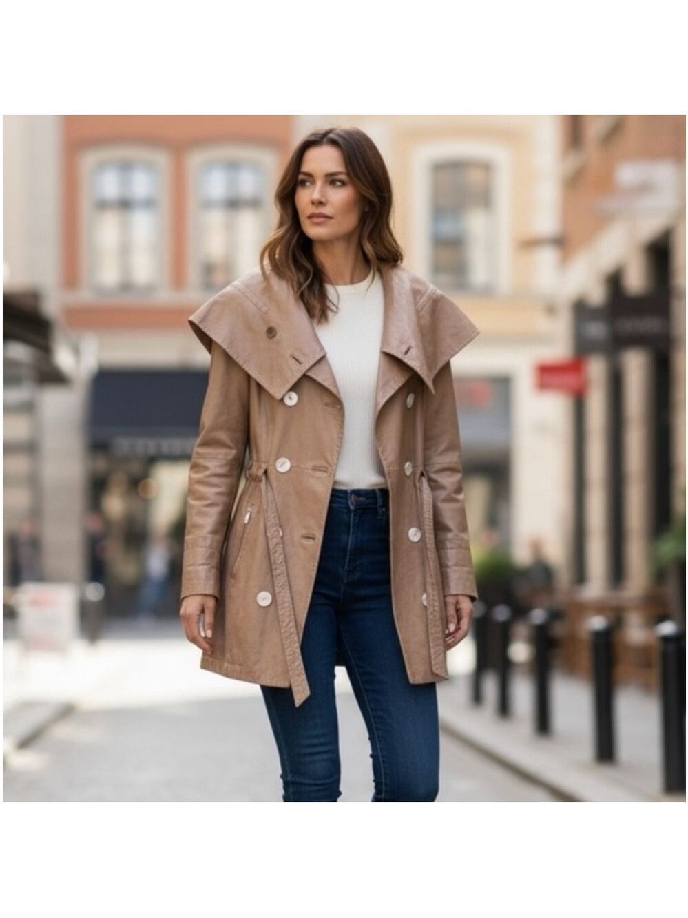 Sportmax Nappa Lambs Leather Double Breasted Cinch Shawl Collar Trench Coat US 8